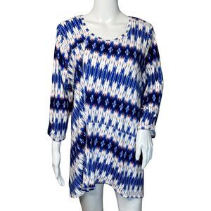 Chicos Shirt Womens Large Blue White Geometric‎ Printed Top Art to Wear Artsy